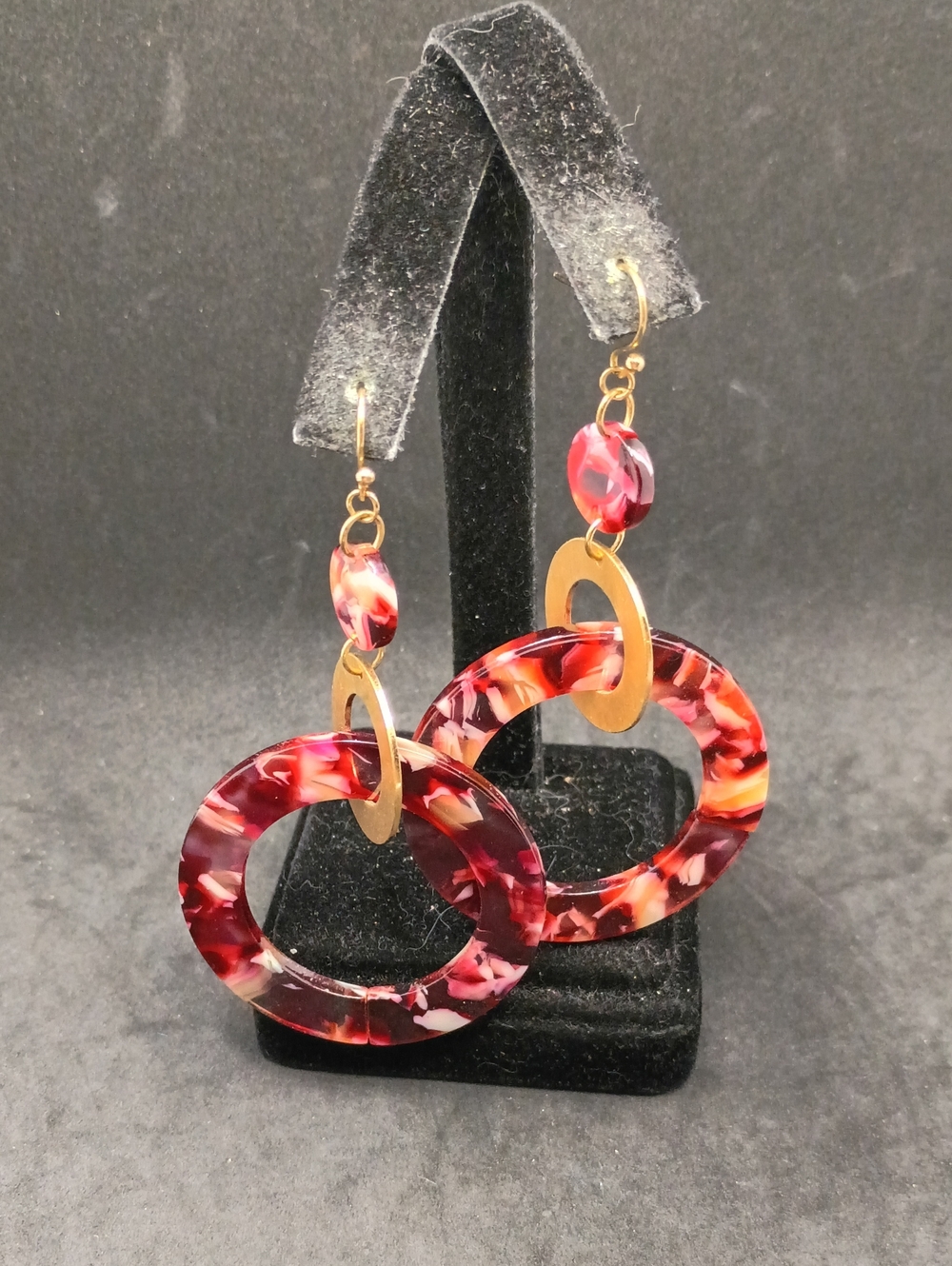 Gold & Burgundy Resin Hoop Drop Earrings